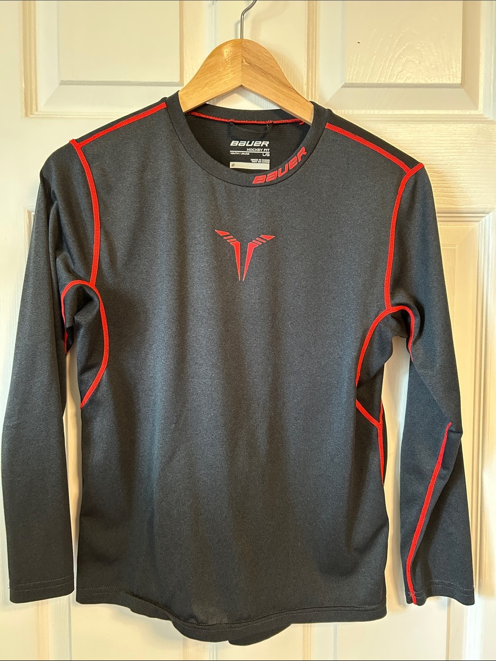 Bauer Boys Charcoal Long-Sleeve Performance Tee with Red Trim